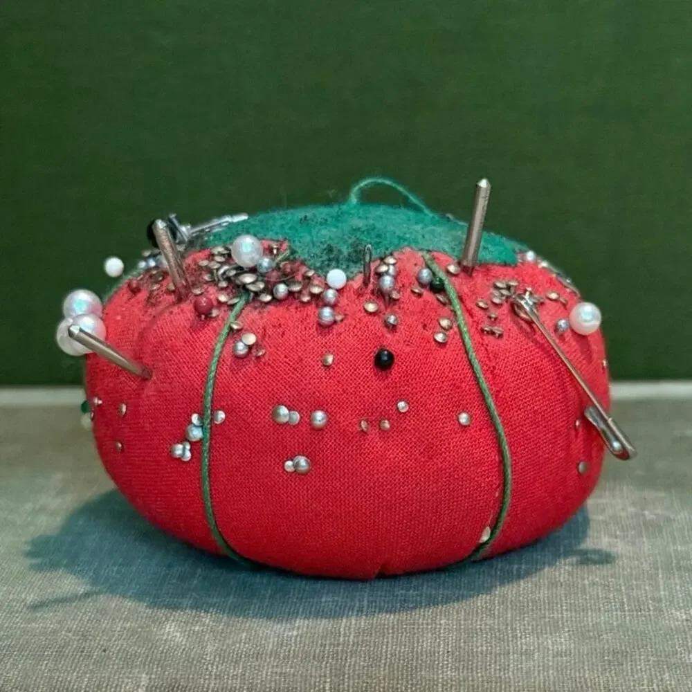Vintage Tomato Pin Cushion • Fully Loaded • Estate Pins